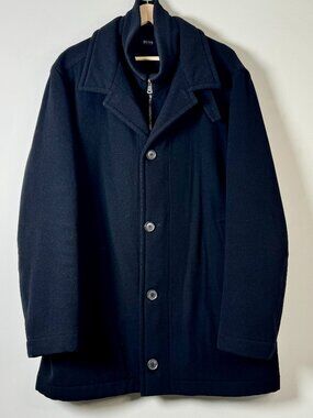 Hugo Boss Men's Coxtan Wool Cashmere Blend Black Coat with Knit Collar Sz L